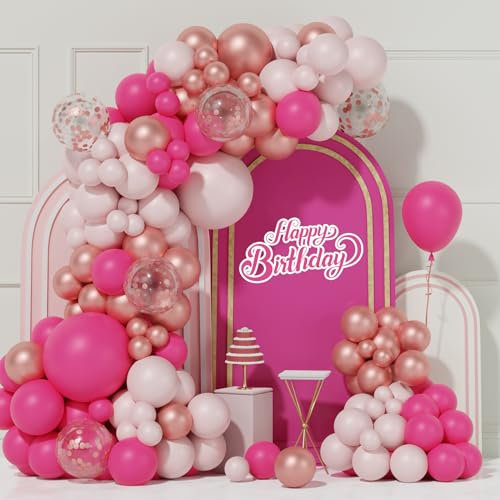 Palloncini Compleanno Rosa, 99pcs Ghirlanda Palloncini Rosa Rossa con Palloncino Coriandoli Rosa Caldo, Kit Arco Palloncini Rosa Donne Ragazza per Principessa Compleanno, Matrimonio, Fidanzamento