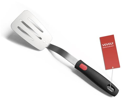 Stainless Steel Flexible Spatula Turner, VOVOLY Thin Metal Slotted Spatula for Cast Iron Skillet, Thin Blade and Heat Resistant Silicone Handle, Great for Egg, Cookie, Meat, Crep, Medium