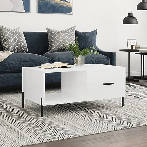 AUVYI Couchtisch Hochglanz-Weiß 90x50x40 cm Holzwerkstoff&Eisen Wohntisch Sidebord Center Table Living Room Beistelltisch Rechteckig Salontisch Kaffeetisch Möbel Holz Cautschtisch Coffe Table