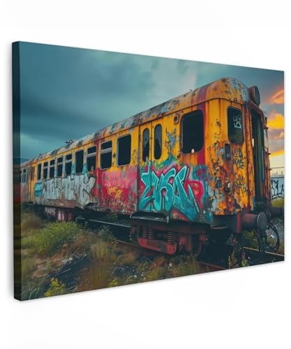 MuchoWow© Bild auf Leinwand Schlafzimmer Bilder Badezimmer Wand Deko | 90x60 cm - Wohnzimmer Modern Wanddeko Bilderwand Geschenk Graffiti - Zug - Street Art - Neon - Urban