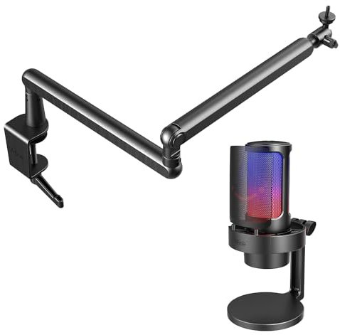 FIFINE USB Mikrofon PC mit Arm, Gaming Microphone mit Stangen Einstellbarer Mikrofonarm für Streaming Podcast Studio, Mikrofon Ständer Low Profile mit Kabelkanälen Mikrofonclip (A8+BM88)