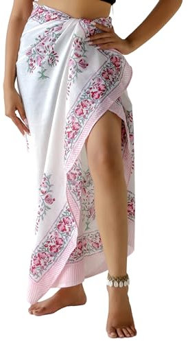 THE ART BOX Paréo 100% Coton pour Femme, imprimé Main Indienne, paréo, Cache-Maillot de Bain Long (185,4 x 109,2 cm), Rose avec Marron, Taille Unique