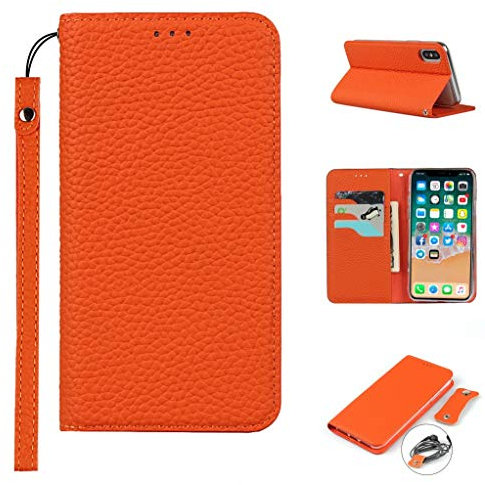Cavor Phone Case Compatible for iPhone X/XS Cover,Genuine Leather Flip Wallet Case,[3 Card Holders][Magnetic Closure][RFID-Blocking][Lanyard] Protective Case - Orange