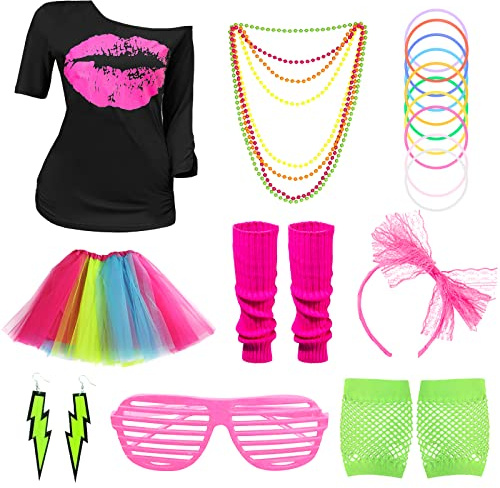 20PCS 80er Jahre Outfit Damen Set, 80er Accessoires Damen Set, 80er Jahre Kleidung, 80er Accessoires Damen Set, mit 80er Jahre Ohrringe Tutu Lips Print Neon Outfit Thermohose Halloween Party