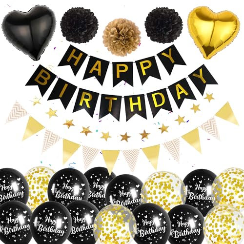Schwarzes Gold Luftballons Geburtstag Dekoration - Happy Birthday Banner, Wimpel, 2m Sternen-Girlande, Konfetti Ballons, Pompons, Geeignet für alle Altersgruppen