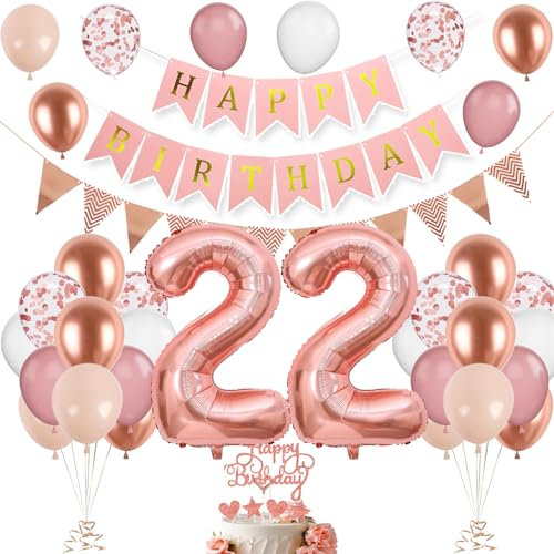 22. Geburtstag Deko Roségold - Luftballons, Tortendeko, Mädchen Party Set - Zahl 22 Ballons in Weiß, Rosa für Festliche Dekoration