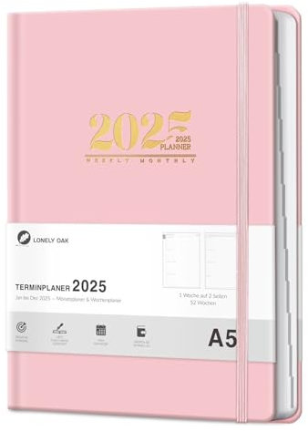 Kalender 2025 Buchkalender A5 -Terminkalender mit Wochenplaner 12 Monate: von Januar bis Dezember - Hardcover Taschenkalender A5 2025 Terminplaner - Rosa