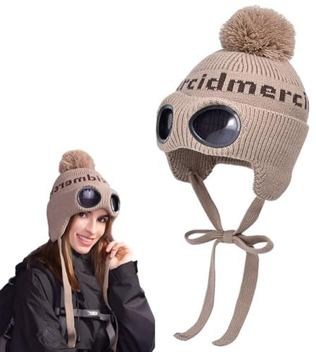 Kakveiai Winter Warme Strickmütze, Goggle Beanie Mützen Warme, Feinstrick Chunky Ski Wintermütze, Beanie mit Brille, Winddicht, Thermisch, weiches Futter, Erwachsene Outdoor Sport, Skifahren, Wandern