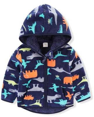 LUVCES Cappotto Giacca in Pile con Cappuccio Bambini e Bambine Invernale Cerniera Caldo Stampato Giubbotti Capispalla con Tasca Cappuccio Dinosauro 5-6 Anni