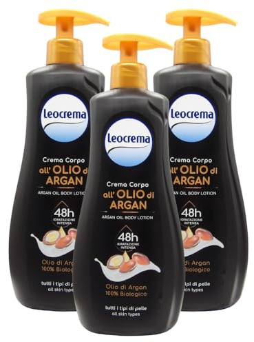 Crema Corpo ALL'OLIO DI ARGAN, Per Tutti i Tipi Di Pelle. Garantisce 48h Di Idratazione Intensa, Non Unge e Si Assorbe Rapidamente 500ml (3 Flaconi)