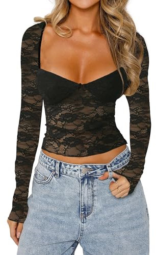 Women's Sexy Floral Lace Long Sleeve Sweater Heart Neck Mesh Crop Top, Slim Fit Layering Going Out Tee Blouse (Black, M)