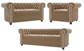 S-Style Möbel Set Sofa 3 Sitzer Mit Schlaffunktion 2 Sitzer Sessel Couch 3 Stück Freistehend Massivholzfüße Braun Samtstoff Elegant Gesteppt Silberne Metallniete York Beige