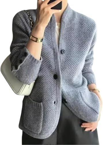 Goolecrimp Suéter de Cuello Alto Informal de Negocios para Mujer Blazer Moda Casual Botón Delgado Waffle Suéter de Punto Chaqueta de suéter Elegante Vintage