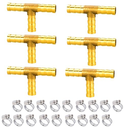 6 Stück 6mm T Stück Schlauchtülle, Messing 3 Wege Schlauchtülle, 6mm T-Schlauchverbinder, Messing T Verbindungsstück mit 18 Klemmen, für Luft, Gas, Wasser, Gartenschlauch