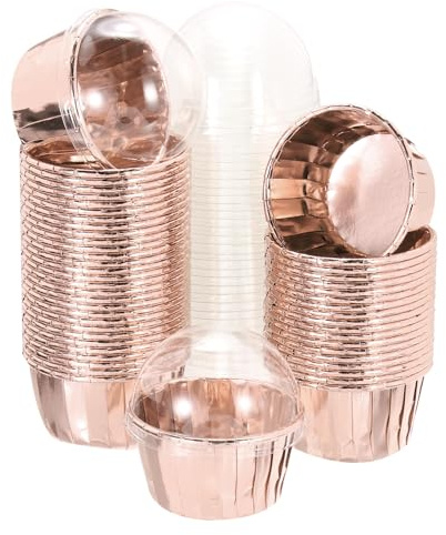 sourcing map 50 Pcs Double-Sided Aluminum Foil Cupcake Liners with Lids, Greaseproof Muffins Baking Cupcakes for Wedding Birthday Party Decoration, Champagne Gold (Round)