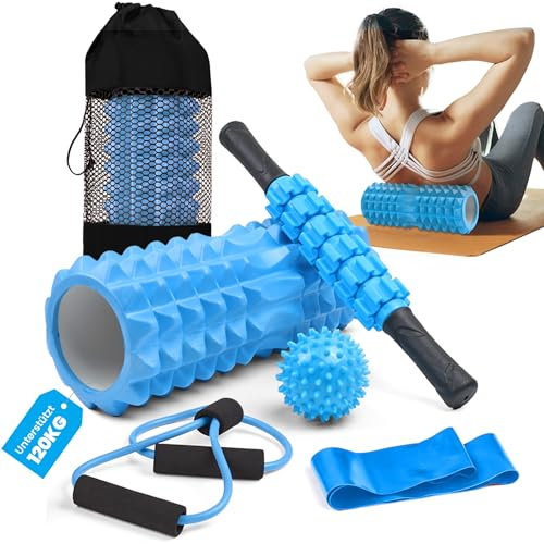 unycos - Faszienrolle【PP/EVA】| 5-in-1-Set, Muskelmassageroller/Foam Roller der 120 kg Trägt, Fitness-Widerstandsband, Massageball, Rehabilitationsstab, Formseil und Aufbewahrungstasche (Blau)