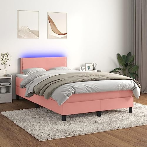 IKAYAA Boxspringbett 120 x 200 mit matratze Boxspringbett 120 x 200 mit led und USB Bett mit LED Beleuchtung & Topper Bett komplett mit Kopfteil Samt-Rosa-120 x 200 cm