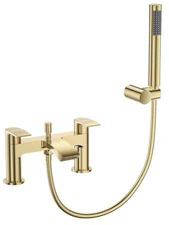 VeeBath Cascade Bath Shower Mixer – Brushed Brass Finish, G3/4 Inlet, Dual Lever, Deck Mounted Bath Mixer Taps with Round Shower Head, Double Round Edge Modern Bathroom Tap