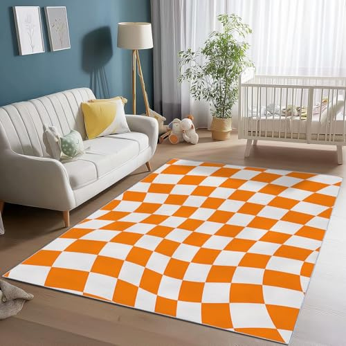 Orange Weiß Waschbarer Teppich Wohnzimmer 80 x 150 cm, Abstrakt Kariert Geometrisch Wellig Bedruckter Teppich Eingangsbereich Fußmatte Badezimmerteppich Weich rutschfest Kleiner Kurzflor Schlafzimmer