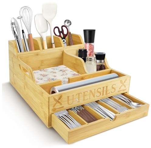 SICANAUO Large Kitchen Utensil Holder with 11 Compartments, Wooden Utensil Organizer for Kitchen Countertop, Culery Drawer Organiser for Farmhouse Decor, Forks, Spoons,Knives,Cooking Tools (Log Color)