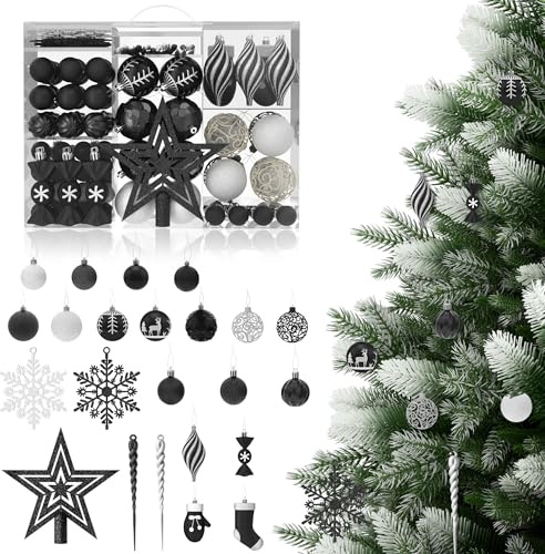 YUENFONG 138er Set Weihnachtskugeln Kunststoff Christbaumkugeln, Weihnachtsdeko Matt Glänzend mit Baumspitze Stern, Weihnachtsbaumkugeln Deko Christbaumkugeln, Schwarz