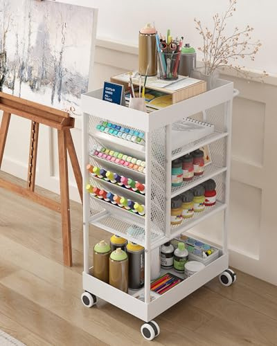 Ornestia 5 Ebenen Metall Rollwagen, Bücherregalwagen, Bastelwagen, Weiß | Multifunktionales Regal, mobiler Zeitungsständer