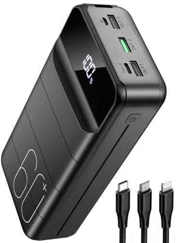 PDBEST PowerBank 60000mAh Schnellladung, 22.5W Huge Capacity Battery Pack Portable Charger Fast Charging USB-C 4 Outputs & 3 Inputs Power Bank LED Display Compatible with Smartphone Android etc Black