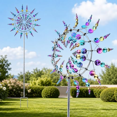 Magische Windmühle 30cm, 3D Windrad Garten Metall, 360° Kinetischer Windspinner, Einzigartige & Magische Metall-Windmühle, Windräder Windspiel für Garten, Terrasse, Landschaft, Rasen (Farbig)