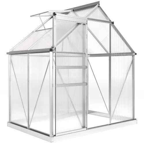 Outsunny Serra da Giardino 2.5㎡ con Fondazione in Policarbonato Argento | Telaio in Lega di Alluminio, Grondaie, Finestra a Tetto Regolabili, Porta a Battente, Serra per Orto, per Piante, Anti UV