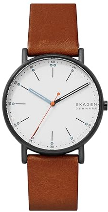 Skagen Men's Signatur Three-Hand Black Stainless Steel and Brown Leather Band Watch (Model: SKW6374)