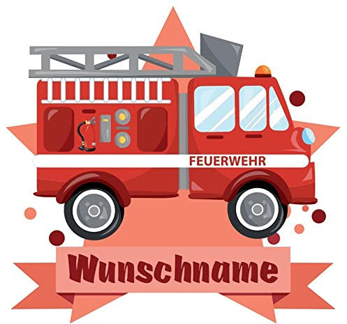 Samunshi® Feuerwehr-Auto Wandtattoo Türschild mit Name personalisierbar Kinderzimmer Türaufkleber Baby Wandaufkleber - 60x52cm mehrfarbig
