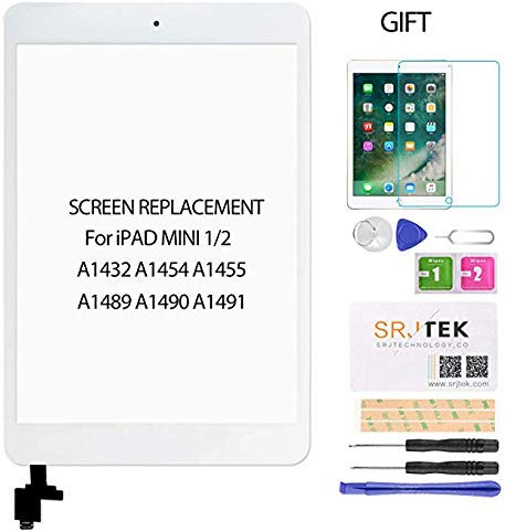 SRJTEK Écran tactile de rechange pour iPad Mini 1 2 A1432, A1454, A1455, A1489, A1490 avec puce IC et câble flexible Blanc