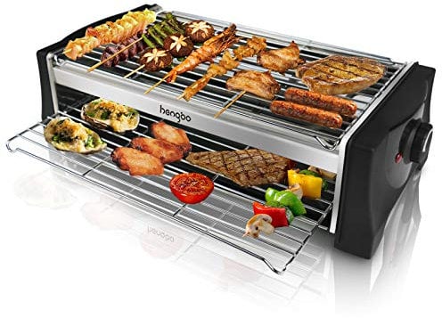 Barbecue Electrique de Table, Grille Barbecue Electrique 2000W Double Étages, Gril en Acier Inoxydable avec Bac Collecteur d'eau pour Appartement Jardin Balcon Terrasse
