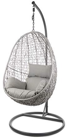 Kideo Komplettset: Hängesessel mit Gestell & Kissen, Korbsessel, Poly-Rattan (Gestell- und Korbfarbe: grau, Kissen: grau Nest (8008 Cloud))