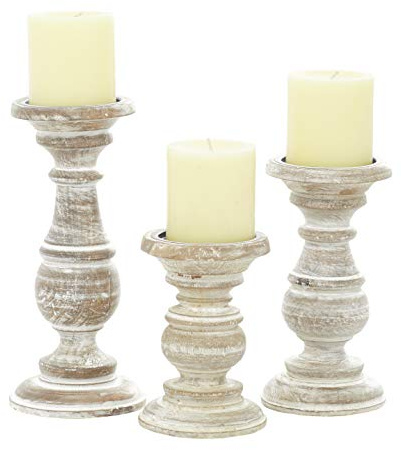 Deco 79 Mango Wood Decorative Candle Holder Turned Style Pillar Candle Stand, Set of 3 Candlestick Holder 6, 8, 10H, Cream