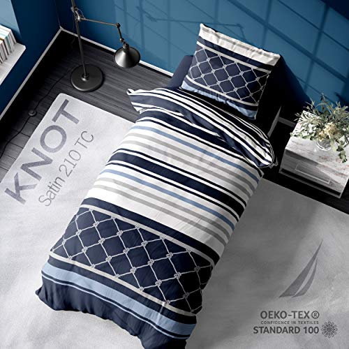 Nautica Home Knot BETTWÄSCHE Set Satin 100% Baumwolle Wendebettwäsche Mit Reißverschluss YKK 135X200 + 80X80 Kissenbezug Single 1 Person