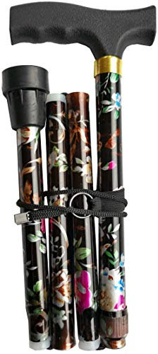 Deluxe Damen Gehstock, zusammenklappbar, mit wunderschönem Blumendruck und einzigartigem, ergonomischem Griff und höhenverstellbarer Gehstock für Damen – 82.5 cm – 94 cm (schwarz/braun geblümt)