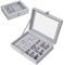 Schmuckkästen mit Glasdeckel, 9 Gitter Schmuckaufbewahrung Schmuckkoffer Damen Schmuckbox Reise, Beflockung Halskette Ohrringe Ring Schmuckschatulle, Transparente Aufbewahrungsbox für Schmuck, Grau
