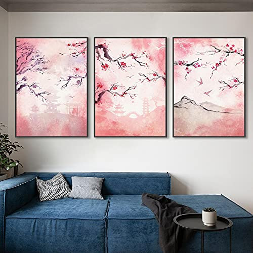 FFLSDR Style japonais impressions sur toile printemps fleurs de cerisier Tableau art bureau peinture photo salon décor à la maison-50x70cmx3 sans cadre