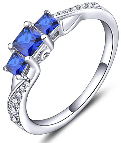 YL Verlobungsring 925 Sterling Silber Prinzessin geschnitten September Geburtsstein Saphir 3 Stein Ehering für Damen Braut(Größe 52）