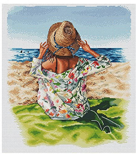 cukol cukol Kreuzstich Set Vorgedruckt Erwachsene Mädchen am Meer, Stickvorlagen Stickbild Stickbilder Stickpackungen Stickpackung Stickset Sticken Set für Anfänger, Cross Stitch Kit Stickerei Bilder