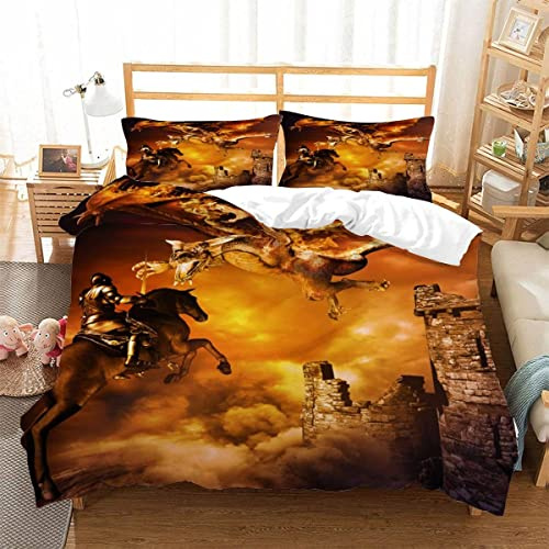 BUMIYA Kinder Bettwäsche Set 135x200 3D Druck Dinosaurier Bettwäsche100% Mikrofaser Weiche mit Reißverschluss Ritter Und Drache Jungen Mädchen Bettbezüge mit 2 Kissenbezug 80x80 cm