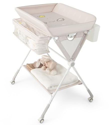 COSTWAY 3 in 1 Wickeltisch klappbar, mobile Wickelkommode mit Rollen, Wickelstation höhenverstellbar mit Mülleimer & Aufbewahrungskorb, tragbare Wickelauflage bis 11 kg Belastbar (Beige)
