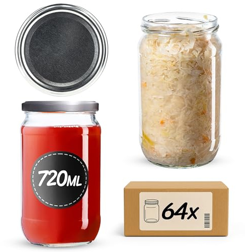 KADAX 64er Set Einmachgläser 720ml TO82 Silber, Große Sturzgläser mit Schraubdeckel, Einkochgläser Fermentierglas für Gurken, Gemüse, Sauerteig