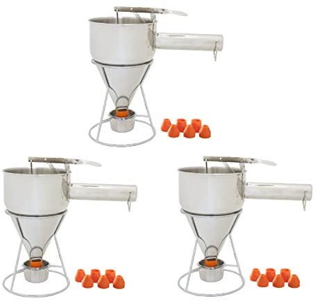 eGenuss 3er-Set Edelstahl Backtrichter Pfannkuchen Teigspender + Düsen + fester Ständer mit Teigsammler + Tasche | Teigportionierer mit graduiertem Maß | 1200ml