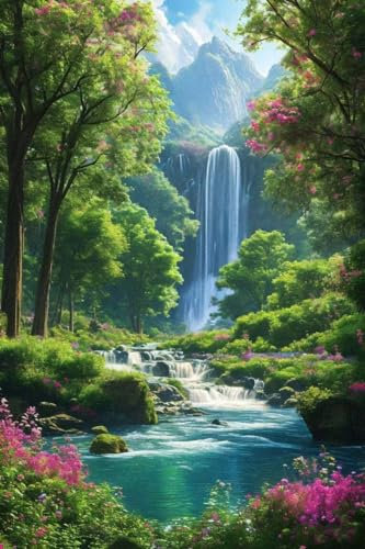 5D DIY Diamond Art Painting Kits Vollbohrer, Kristall Strass Diamant Stickerei Leinwand Malerei Bilder Painting nach Zahlen für Erwachsene Kinder Wohnwand Dekor - (Forest Wasserfall) 20x30cm I-357