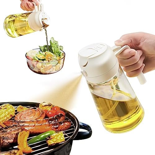 YARRAMATE Pulverizador de Aceite para Cocinar, Botella Dispensadora de Aceite de Oliva 2 en 1 para Cocina, Botella de Aceite de Vidrio de 17 oz/500 ml para Freidora de Aire, Barbacoa (Blanco Cremoso)