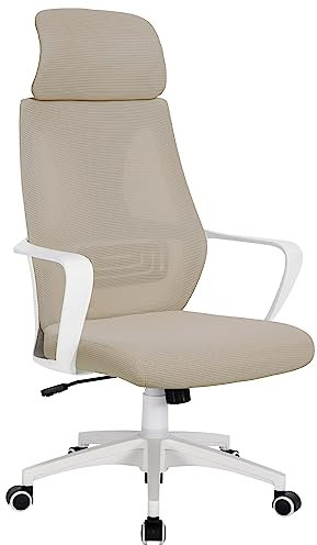 TRISENS Bürostuhl mit Lordosenstütze im Netzstoff-Design Schreibtischstuhl mit Wippfunktion ergonomischer Drehstuhl mit Einer verstellbaren atmungsaktiven Rückenlehne, Farbe:Weiß/Taupe