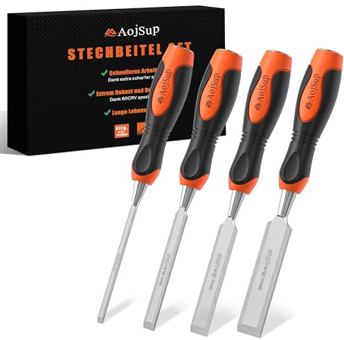 AojSup Set di Scalpelli per Legno 4 Pezzi, Set Scalpelli per Legno (6, 12, 19, 25mm), Scalpelli per Legno Professionale con Robusto Cappuccio in Metallo, Adatto a Principianti e Professionisti