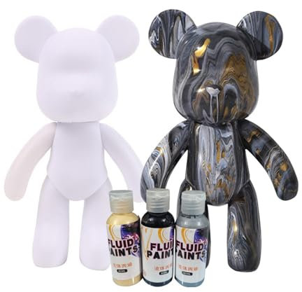 Generisch DIY-Malflüssigkeit Bär Figur Kit - Heimdekorationen Malen Bastelset, Haus Dekoration, Kreative Blanko Malerei, fluid bear painting I inkl. 3 Farben, Bär, Pinsel, Tischdecke, Schürze (Gold)
